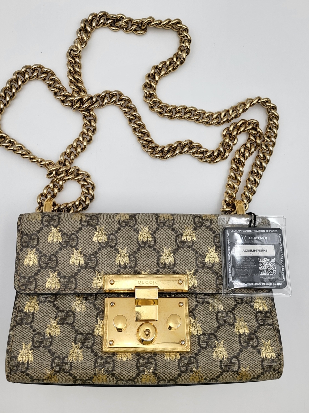 Gucci GG Supreme Monogram Bee Padlock Small Bag Gold Hardware, Auth. w/COA..